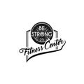 Fitness badge. Disk weight, barbell disk. Bodybuiding, Be Strong inscriptions. Sport icon, Fitness club label. Vector.