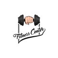 Fitness badge. Dumbbell icon, Fist. Fitness club logo, Fitness center label. Hand holding weight. Vector.