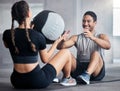 Fitness, ball and couple doing an exercise together for health, wellness and strength in the gym. Sports, healthy and Royalty Free Stock Photo