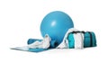 Fitness ball, gym bag and sport accessories isolated