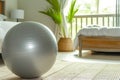 fitness ball used for leg lifts, serene bedroom environment