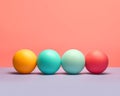 Fitness balls of bright candy colors on bright backgrounds in the style of Wes Anderson films. Close-up. Generative Ai