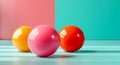 Fitness balls of bright candy colors on bright backgrounds in the style of Wes Anderson films. Close-up. Generative Ai