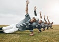 Fitness, baseball pitch and team stretching before a game or sport training on an outdoor field. Softball, health and