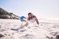Fitness, beach or man diving for volleyball in competition, match or sports contest playing on sand. Workout, training Royalty Free Stock Photo
