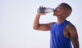 Fitness, black man and drinking water outdoor for training, running and morning cardio on mockup space. Exercise, break