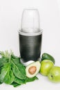 Fitness blender set healthy products, apple avocado spinach