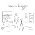 Fitness blogger. Young man records video. Sportsman shows exercises on blog. Internet star is broadcasting live for his followers Royalty Free Stock Photo