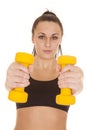 Fitness blue shorts yellow weights out close Royalty Free Stock Photo