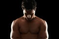 Fitness, body and man in studio for thinking, wellness or muscle training results on black background. Chest, abs and Royalty Free Stock Photo