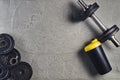 Fitness or bodybuilding background. Dumbbells on gym floor, top view Royalty Free Stock Photo