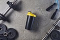 Fitness or bodybuilding background. Dumbbells on gym floor, top view Royalty Free Stock Photo