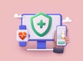 Fitness bracelet icon with cardiogram on display, ordering medicines online concept. Digital health care. 3D Web Vector