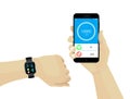 Fitness bracelet smartwatch and hand holding smartphone