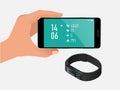 Fitness bracelet or tracker with a smartphone isolated on white. Sports accessories, a wristband with running activity