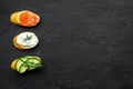 Fitness breskfast with homemade sandwiches on black background top view mockup