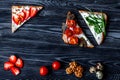 Fitness breskfast with homemade sandwiches dark table background