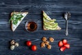Fitness breskfast with homemade sandwiches dark table background top view Royalty Free Stock Photo