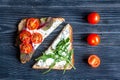 Fitness breskfast with homemade sandwiches dark table background top view