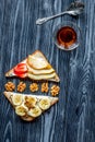 fitness breskfast with homemade sandwiches dark table background top view