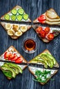 fitness breskfast with homemade sandwiches dark table background top view Royalty Free Stock Photo