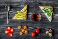 fitness breskfast with homemade sandwiches dark table background top view Royalty Free Stock Photo