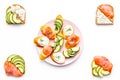 Fitness breskfast with homemade sandwiches on white background top view