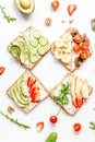 fitness breskfast with homemade sandwiches white table background top view