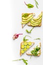 Fitness breskfast with homemade sandwiches white table background top view mock up