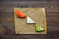 Fitness breskfast with homemade sandwiches on wooden background top view mockup