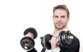Fitness for business. Businessman do dumbell workout. Man hold hand weights. Physical fitness Royalty Free Stock Photo
