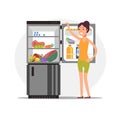 Fitness cartoon girl at fridge with healthy food