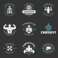 Fitness center and gym logos and badges design sport equipment and people set vector illustration. Royalty Free Stock Photo