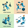 Fitness center isometric. Sport athlete people making power and cardio exercise aerobic in gym vector pictures