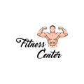 Fitness center label logo. Bodybuilder Fitness Model, Man with muscles. Vector.