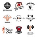 Fitness center labels set. Barbell, Kettlebell, Bodybuilder, Athletic body, Floor scale. Sport tools. Gym equipment. Vector.