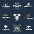 Fitness center and sport gym logos and badges design set vector illustration. Royalty Free Stock Photo