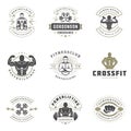 Fitness center and sport gym logos and badges design set vector illustration. Royalty Free Stock Photo