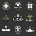 Fitness center and sport gym logos and badges design set vector illustration. Royalty Free Stock Photo