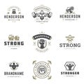 Fitness center and sport gym logos and badges design set vector illustration typographic labels with sport equipment Royalty Free Stock Photo