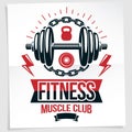 Fitness center vector marketing banner made using disc weight dumbbell and kettle bell sport equipment surrounded