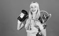 Fitness champion. Champion concept. Girl successful modern woman hold golden goblet of champion. Woman good in tennis