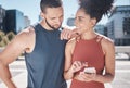 Fitness, city and black couple with phone for workout, running exercise and marathon training. Love, sports and man and