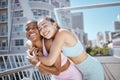 Fitness, city and hug from woman couple with exercise motivation, workout love and training wellness together in summer