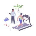 Fitness class cardio machine realistic isometry. Female character on treadmill increases walking pace.