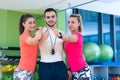 Fitness class showing thumbs up in gym