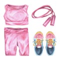 Fitness clothing for women. Watercolor illustration of pink sports wear. Hand drawn clip art on white isolated Royalty Free Stock Photo