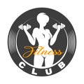 Fitness Club emblem with Woman Holds Dumbbells