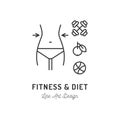 Fitness club logo, Diet icon, Healthy lifestyle. Slim body, Neat female figure, barbell, apple, ball. Thin line art Royalty Free Stock Photo