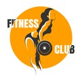 Fitness Club Logo or Emblem. Strong Athlete Woman with Barbell